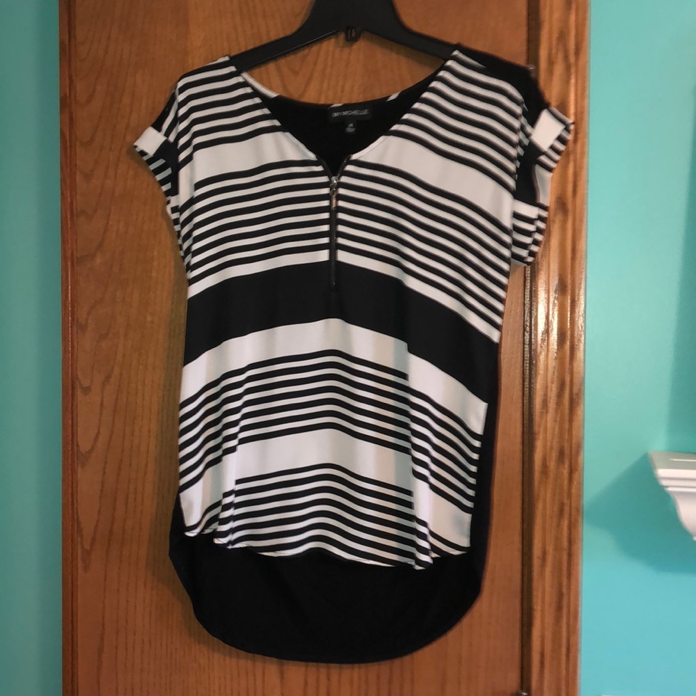 My Michelle black and white striped zip up blouse